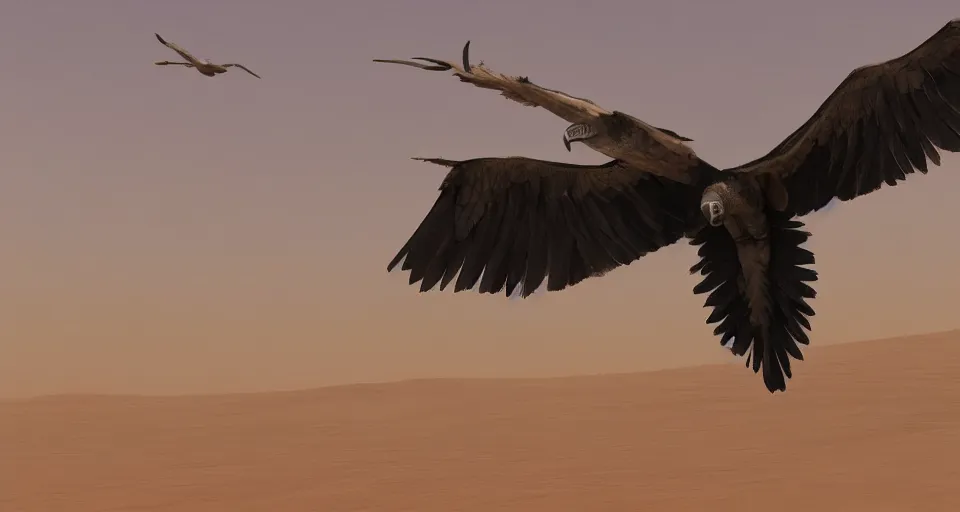 Prompt: a vulture flying over an empty desert, artstation