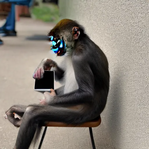 Prompt: photo of a monkey sitting in a chair holding an iPad, highly detailed, high quality, HD, 4k, 8k, Canon 300mm, professional photographer, 40mp, lifelike, top-rated, award winning, realistic, sharp, no blur, edited