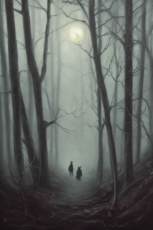 Prompt: dark and spooky woods. atmospheric, foggy, oil painting on canvas. fairytale. with a werewolf standing there