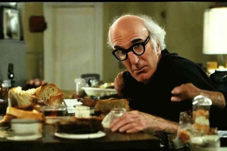 Image similar to larry david eating a sandwich, horror film still, dark atmosphere, found footage, nightmare, unsettling, cinematic, dim lighting, pain, agony, suffering