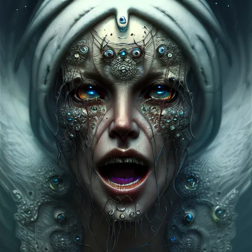 Prompt: terrifying unholy crying ghost, very detailed face, detailed features, fantasy, circuitry, explosion, dramatic, intricate, elegant, highly detailed, digital painting, artstation, concept art, smooth, sharp focus, illustration, art by Gustave Dore, octane render