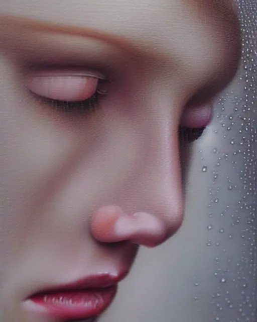 Prompt: portrait of an ethereal ginger beauty with water droplets, reflective eyes, with rain drop patterns, closeup, by mary jane ansell