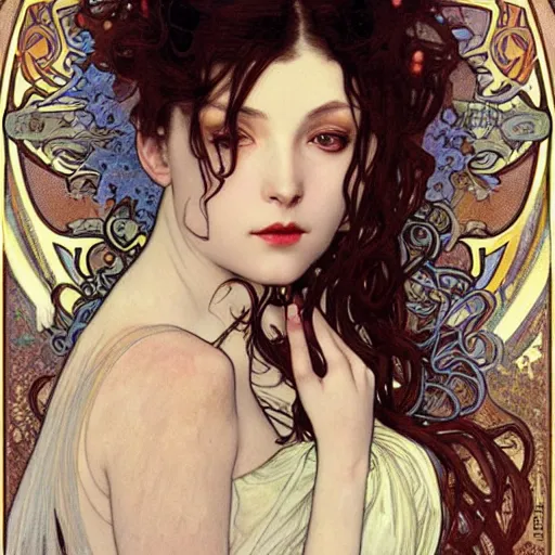 Prompt: realistic detailed face portrait of an Enigmatic Vampire Bride by Alphonse Mucha, Ayami Kojima, Amano, Charlie Bowater, Karol Bak, Greg Hildebrandt, Jean Delville, and Mark Brooks, Art Nouveau, Neo-Gothic, gothic, rich deep moody colors
