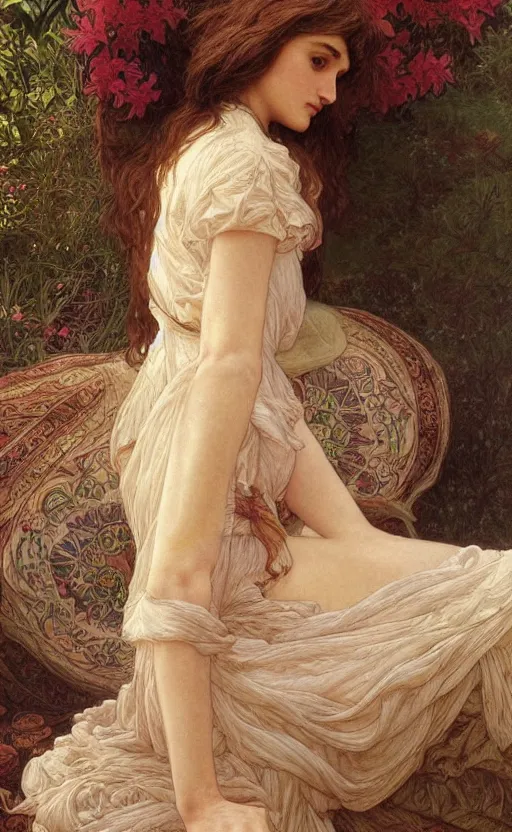 Image similar to winona ryder in repose, kiera knightly in repose, traditional corsican, intricate, highly detailed, artstation, illustration, jurgens, mucha, rutkowski, bouguereau