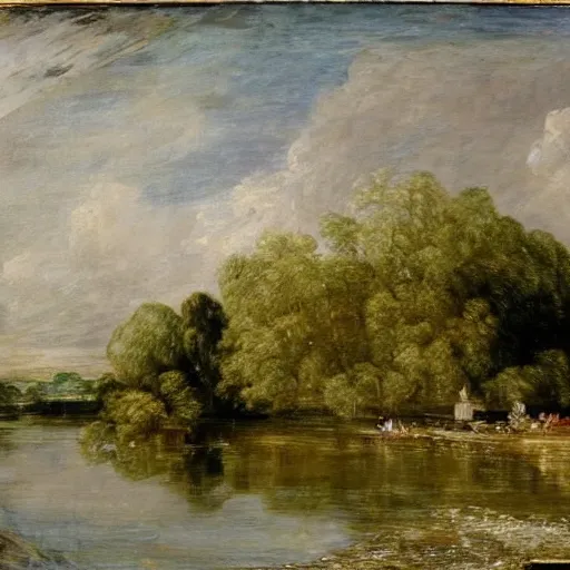 Prompt: painting of a large palace on the edge of a lake. Highly detailed. in the style of John Constable.