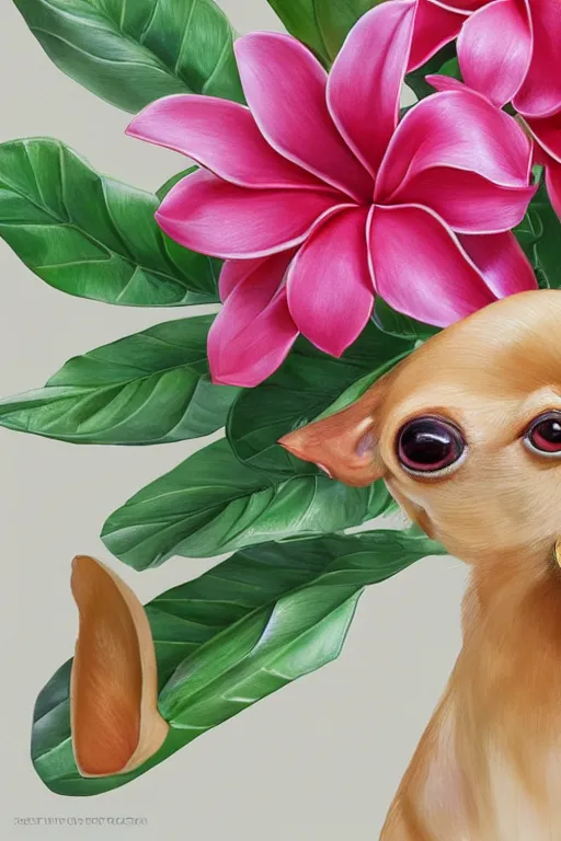 Image similar to ultra realistic illustration, portrait of a tan chihuahua plumeria tropical bouquet background, close up shot, fantasy, intricate, elegant, highly detailed, digital painting, artstation, concept art, smooth, sharp focus, illustration, surrealism