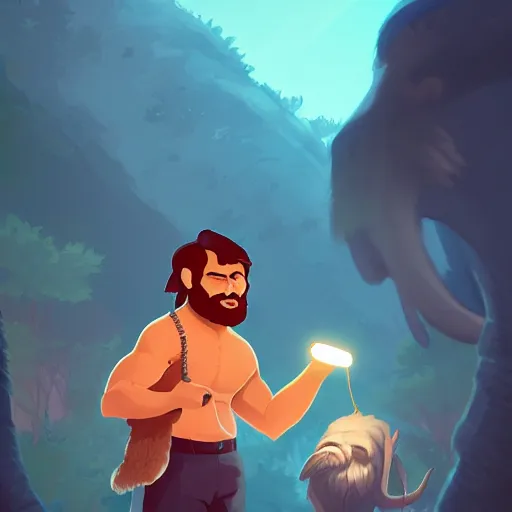 Prompt: a caveman using an iphone while a wooley mammoth and sabertooth tiger look over his shoulder at the glowing screen, ambient lighting, 4k, lois van baarle, ilya kuvshinov, rossdraws, artstation