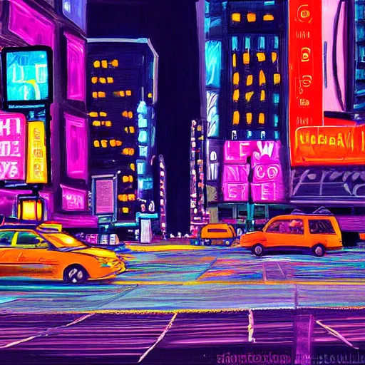 Prompt: digital painting of new york city, street view, night, glow of neon lights.