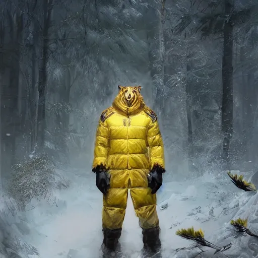 Prompt: a beautfiul award winning aesthetic commission of an antrho albino tiger wearing a yellow-black padded hooded puffer jacket,digital art,art by greg rutkowski,character design by charles bowater,ross tran,photorealistic,detailed face,hyperdetailed,western comic,2021,artstation,deviantart,clean image