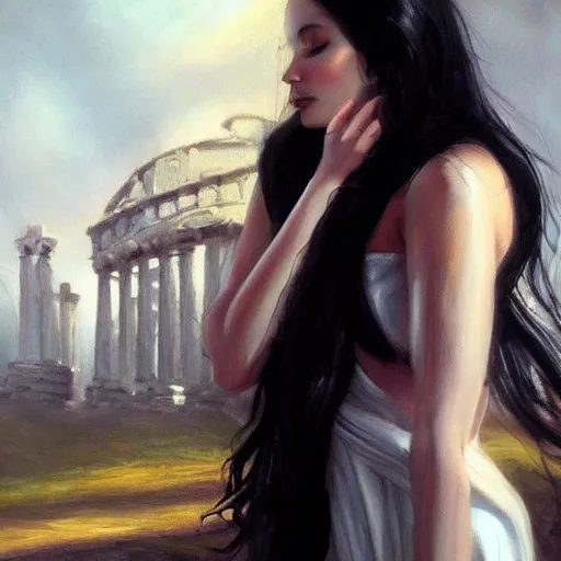 Image similar to Greek goddess posing for painter, sun light, trending on artstation, black hair, white coat, messy hair, palace in the background