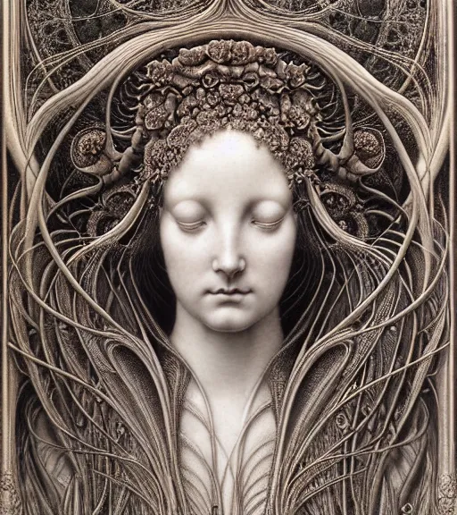 Image similar to detailed realistic beautiful lily goddess face portrait by jean delville, gustave dore, iris van herpen and marco mazzoni, art forms of nature by ernst haeckel, art nouveau, symbolist, visionary, gothic, neo - gothic, pre - raphaelite, fractal lace, intricate alien botanicals, ai biodiversity, surreality, hyperdetailed ultrasharp octane render