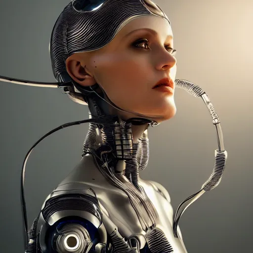 Image similar to a beautiful woman wearing robot suit with wires and light, highly detailed, photorealistic, artstation, smooth