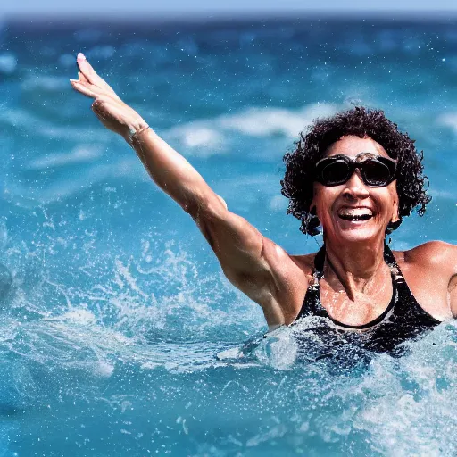 Prompt: an athletic woman in her fifties with curly brown hair, swimming smiling in the middle of a rough sea surrounded by sharks. above her, in the sky, a star.