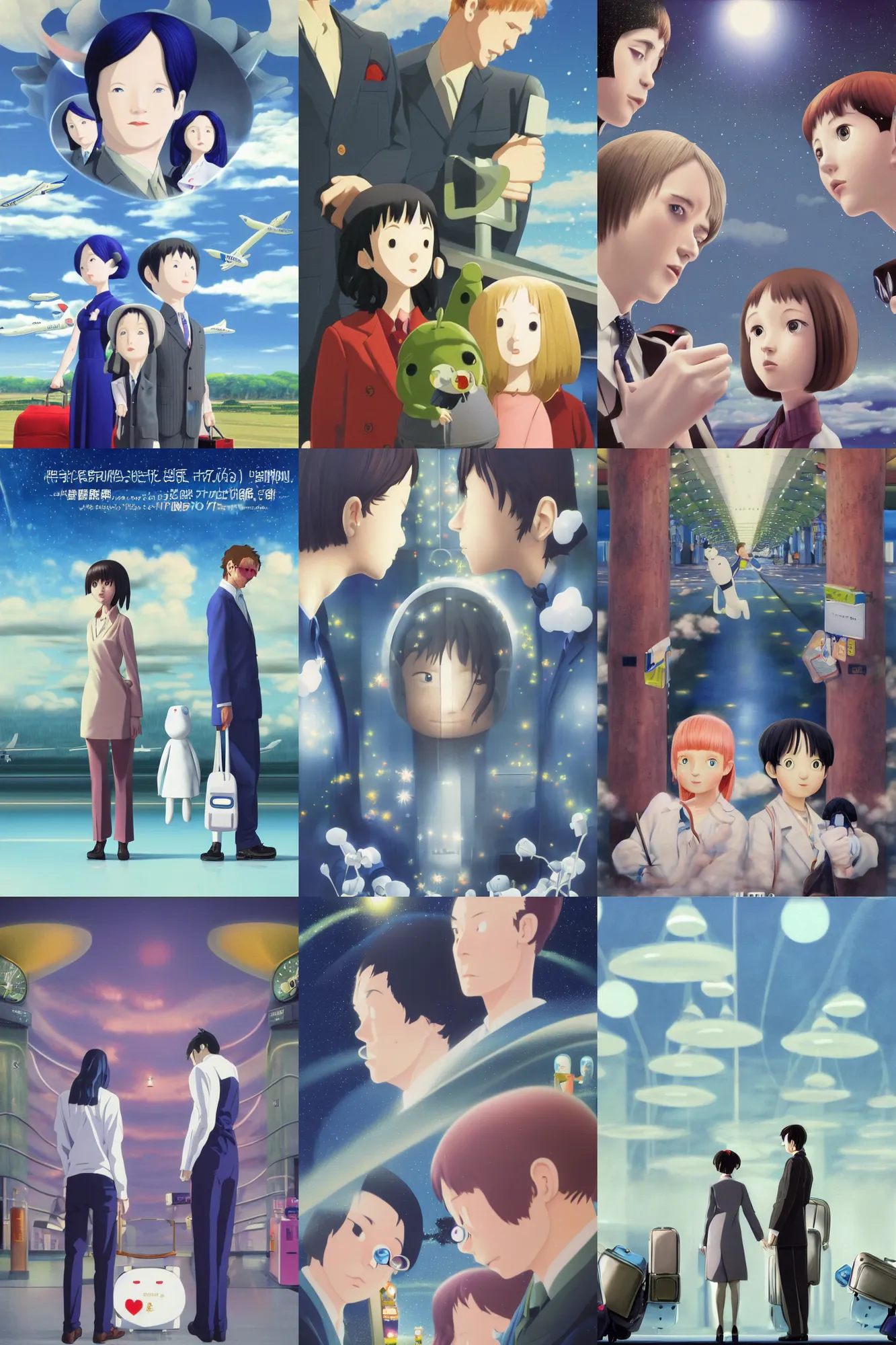 Prompt: time at a airport baggage claim solving dynamic mysteries, Klaus Movie Twins poster, realistic oil artwork by Chiho Aoshima, a Rendering illustration of a cinematic beautiful closeup moment of three friends standing facing toward their love, science fiction, high technology, full of details, full view, Matte painting, trending on artstation, Mamoru hosoda