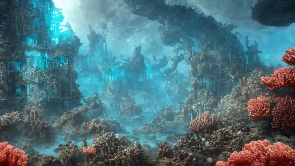 Prompt: an underwater city engulfed in corals, fantasy artwork, very very very beautiful scenery, hd, hdr, ue5, ue6, unreal engine 5, cinematic 4k wallpaper, 8k, ultra detailed, high resolution, artstation, award winning