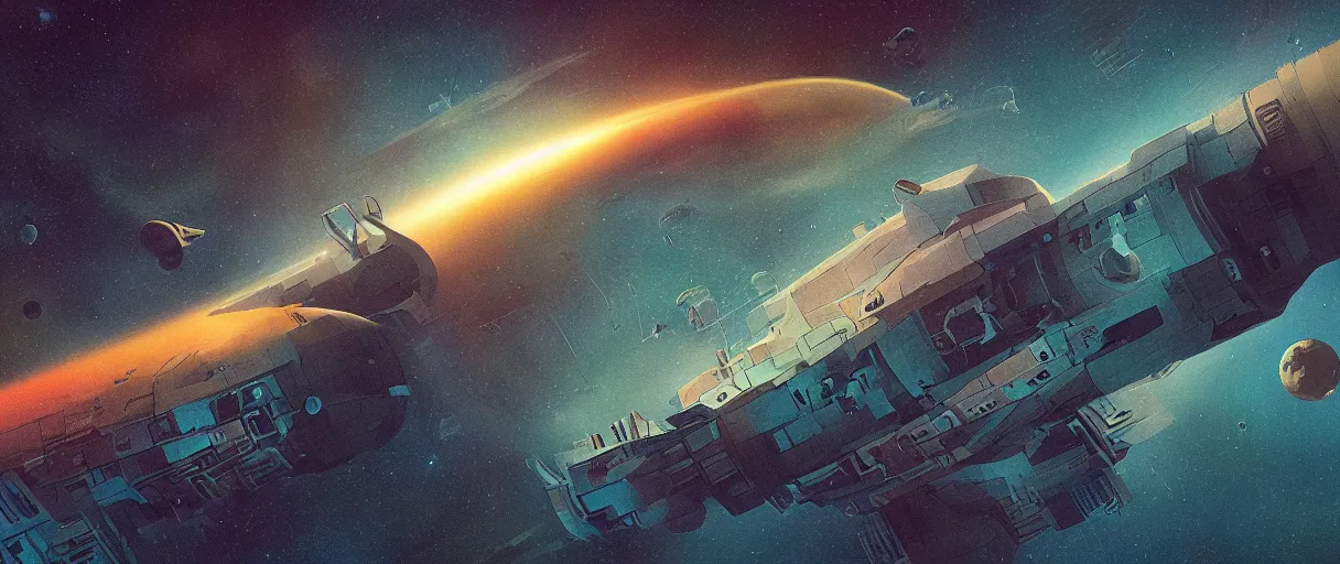 Prompt: illustration, a single small spaceship, deep space exploration, alone, the expanse tv series,industrial design, painted hull, hyperdetailed, the immensity of space, cinematic lighting, 4k, greebles, widescreen,  wide angle, sharp and blocky shapes, hubble photography, the final frontier, beksinski, neon lights