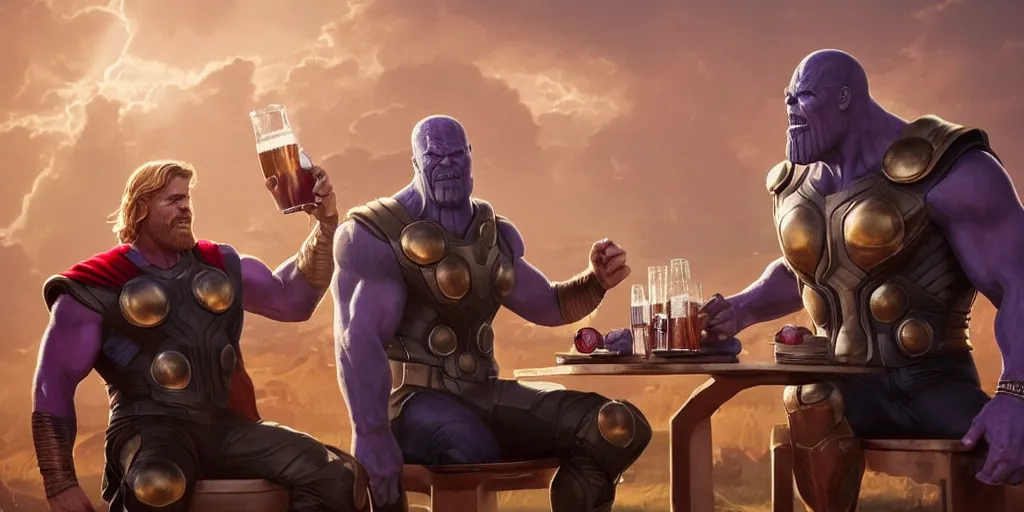 Image similar to Thanos and Thor having beers in a tabern, elegant, highly detailed, artstation, concept art, smooth, sharp focus, 4k