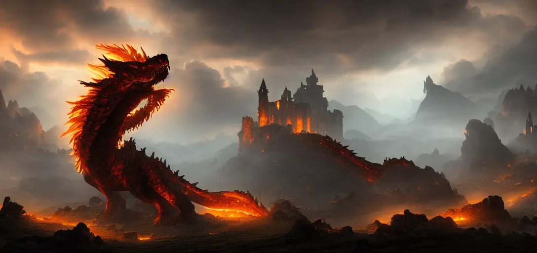 Prompt: giant glowing dragon breathing fire perched on a crumbling hillside of a gothic city in ruins at night, dramatic clouds, glowing fog, dramatic lighting, ultra detailed, sharp, ambient occlusion, raytracing, by greg rutowski, paul chadeisson and jessica rossier