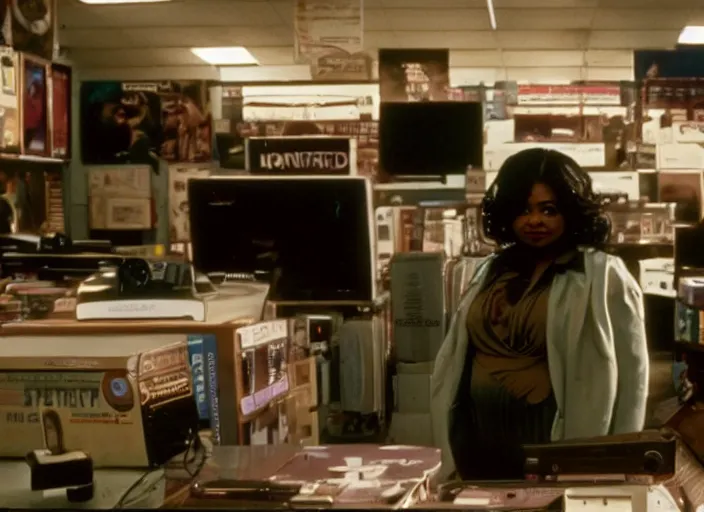 Image similar to cinematic shot of octavia spencer in an small used electronics store next to an old electronic keyboard, iconic scene from the paranoid thriller sci fi film directed by stanley kubrick, anamorphic cinematography, beautiful composition, color theory, leading lines, photorealistic, moody volumetric lighting