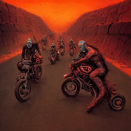 Image similar to motorbikers race in hell, pursued by demons, beksinski and tristan eaton, dark neon trimmed beautiful dystopian digital art