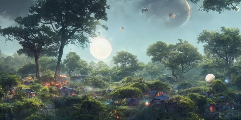 Image similar to planet overgrown with wax moon, visible planets in the sky, hanging trees, floating houses, soda waterfalls, living cheese flying though the sky, Greg Rutkowski, 3d scene, trending on Artstation, 8K, ultra wide angle, pincushion lens effect.