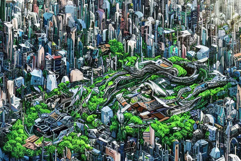 Image similar to birds eye view of a gigantic drift wood monster looming over a bright and lush futuristic city by Makoto Aida