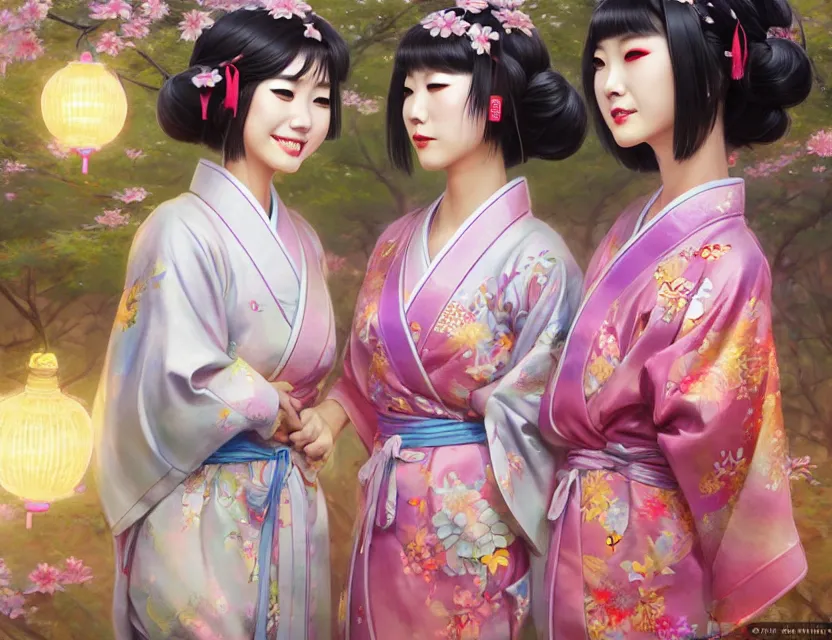 Image similar to two beautiful fashion taiwan girls wear fantasy yukata in festival | | big eyes, sunny, dreamlike art, realistic shaded, smile, good looking, fine details, 4 k realistic, cryengine, realistic shaded lighting poster by greg rutkowski, magali villeneuve, artgerm, jeremy lipkin and michael garmash and rob rey