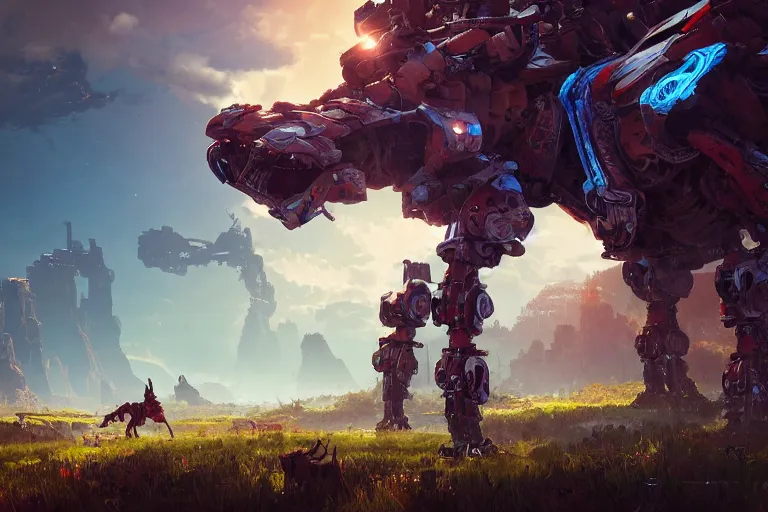 Image similar to thunderjaw machine mecanical creature robot of horizon forbidden west horizon zero dawn radiating a glowing aura global illumination ray tracing hdr fanart arstation by ian pesty and alena aenami artworks in 4 k