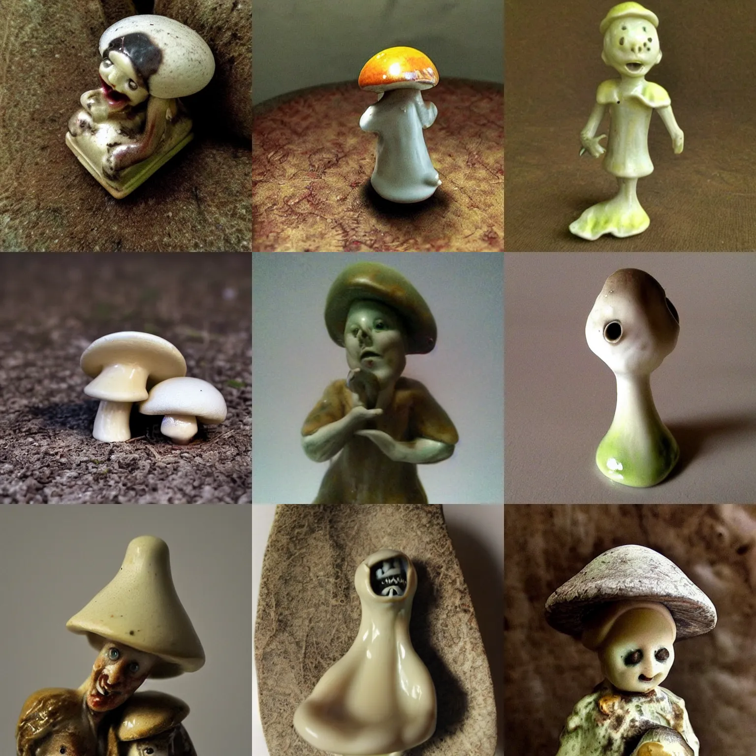 Prompt: screaming mushroom!!! antique ceramic figurine, haunted cursed image, eerie horror, unsettling disturbing creepy macro photo, bad quality