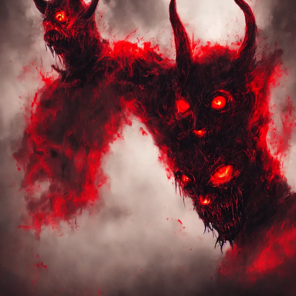 Prompt: a scary devil face with soft red and black with bloodshot and luminous eyes, against a hellish background with a lot of smoke, darkart, hyperdetailed, hyperealistic, cinematography, 16k, 3D, Artstation, Deviantart, very beautiful