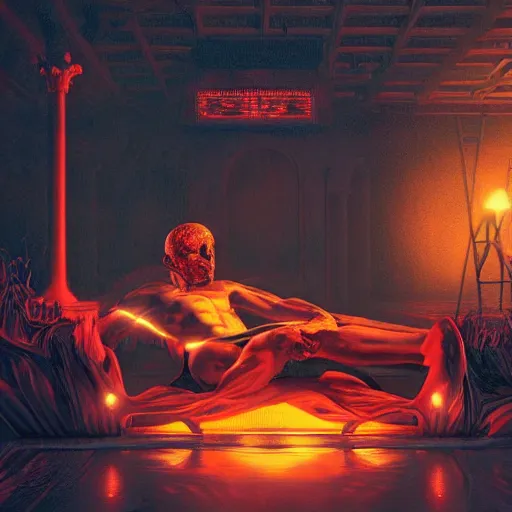 Image similar to dark god sit on the tron, surreal, night, death, fear, 4 k resolution, caravaggio, hyperrealism, detailed and intricate environment