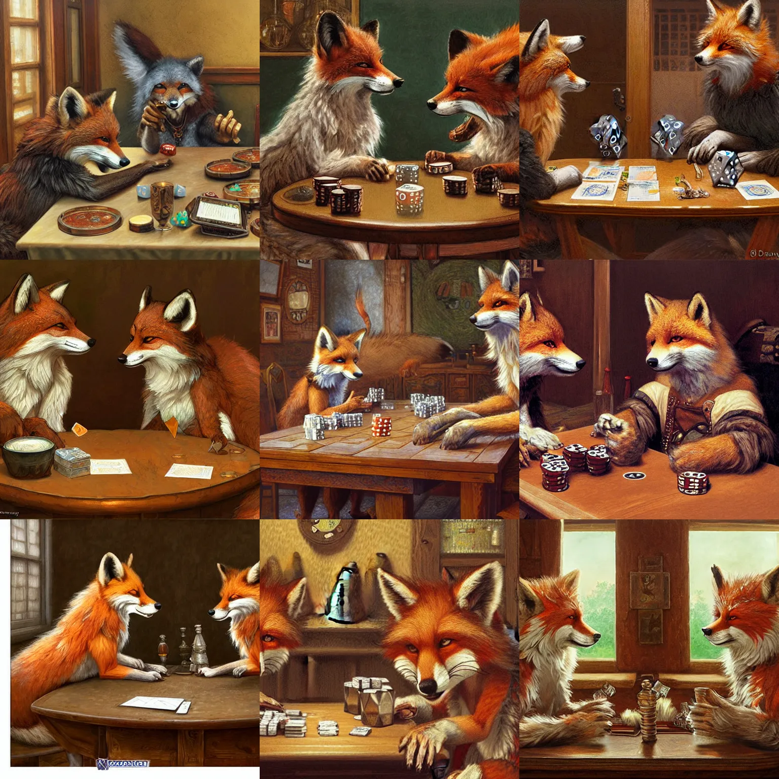 Prompt: a portrait of an anthropomorphic furry fox and an anthropomorphic furry wolf sitting around a table in a tavern playing dice, furaffinity, by donato giancola and james gurney