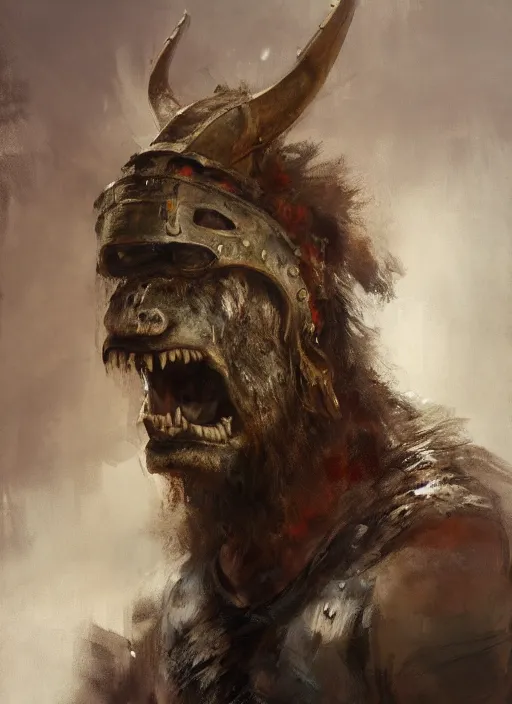 Image similar to portrait painting of viking berserker with a dinosaur headdress, by jeremy mann, only one head single portrait