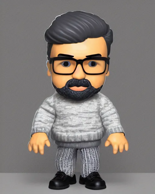 Prompt: full body 3 d render of indian man, chubby face, small dark grey beard, small glasses, grey hair, sweater, as a full body funko pop!, studio lighting, grey background, single body, no shadow, blender, trending on artstation, 8 k, highly detailed