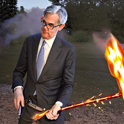 Image similar to photo of Jerome Powell using a flamethrower projecting a long flame