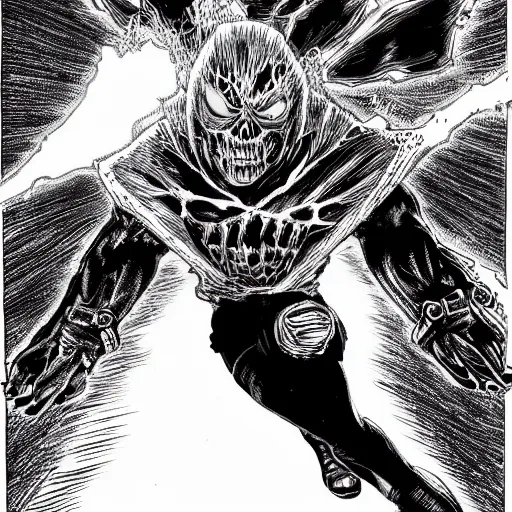 Image similar to Nikolas Cage as a Ghost Rider by Kentaro Miura, highly detailed, black and white