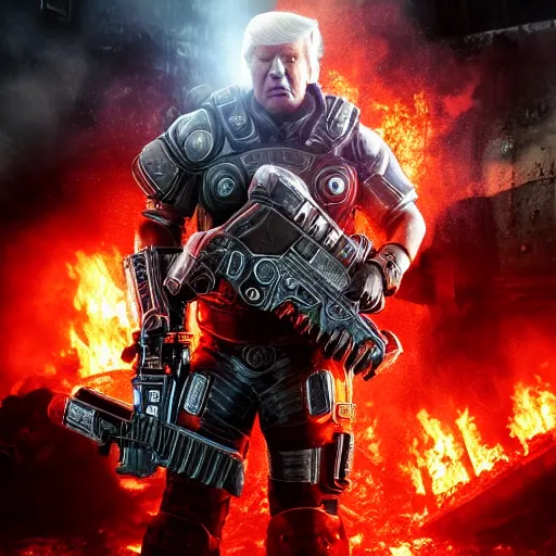 Image similar to Photo portrait of Donald Trump burning in hell!! in Gears of War, splash art, movie still, detailed face, photorealistic facial features, cinematic lighting, dramatic, octane render, long lens, shallow depth of field, bokeh, anamorphic lens flare, 8k, hyper detailed, 35mm film grain