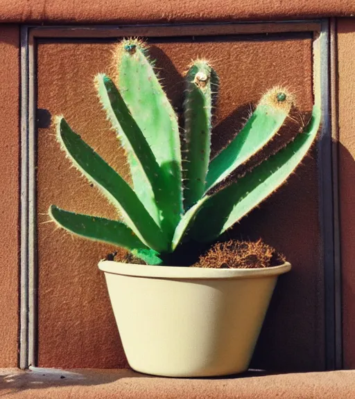 Image similar to a vintage photo of a cactus in a pot on a sunny windowsill