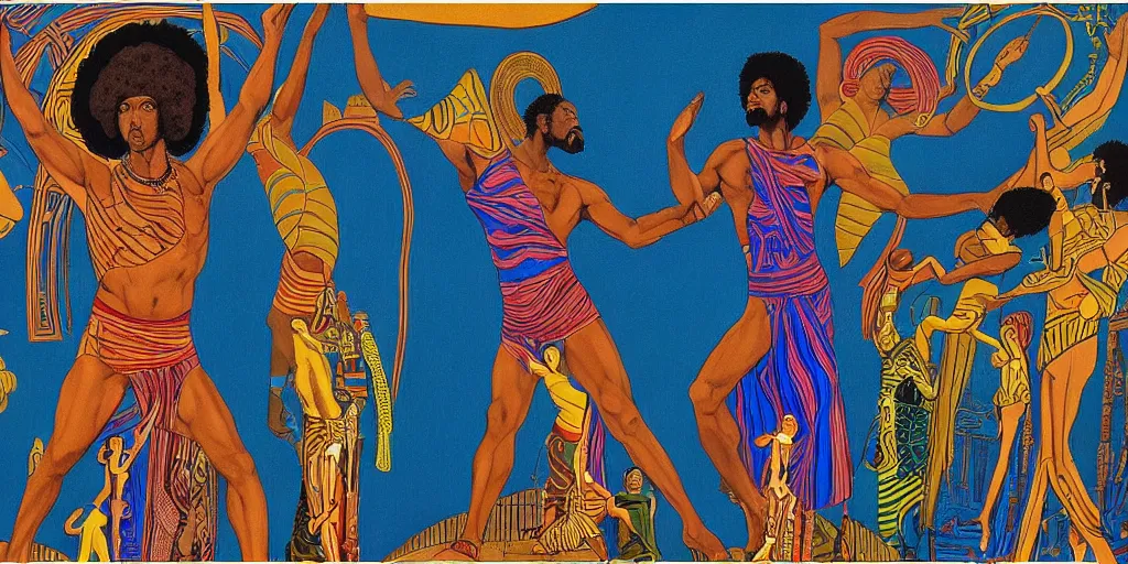 Prompt: an afrofuture space station background, portrait of a multiracial greek god dancing. 2 4 mm, photorealistic, muted color scheme, directed by mati klarwein and picasso