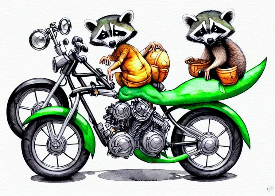 Image similar to cute and funny, racoon riding in a tiny sport motorcycle with oversized engine, ratfink style by ed roth, centered award winning watercolor pen illustration, isometric illustration by chihiro iwasaki, edited by range murata, tiny details by artgerm and watercolor girl, symmetrically isometrically centered