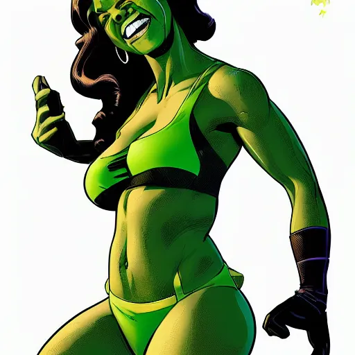 Image similar to Actress Zoe Saldana as She-Hulk, smiling, poster framed, comic pinup style, sports illustrated, detailed legs, artstation, illustration, posterized, Roge Antonio, Jen Bartel