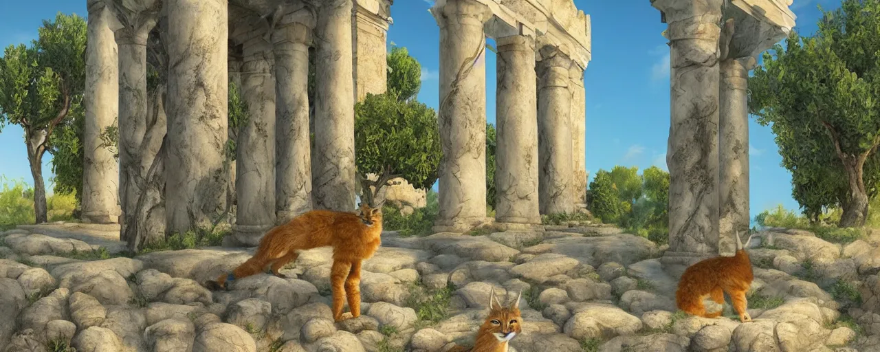 Image similar to cute fluffy caracal wearing toga, in ancient greek town, marble columns, olive trees, sunny, a beautiful landscape by gediminas pranckevicius