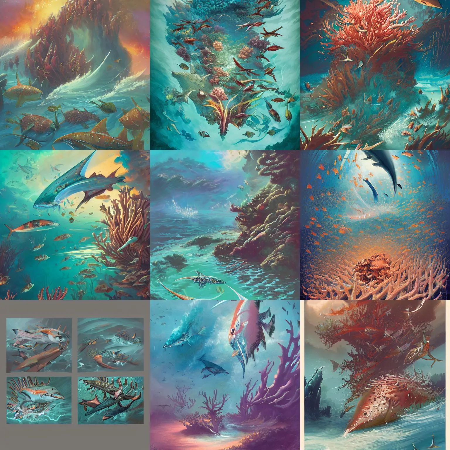 Image similar to a coral reef filled with swordfish in the style of peter mohrbacher