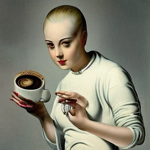 Image similar to A performance art. A rip in spacetime. Did this device in her hand open a portal to another dimension or reality?! latte art by Paul Gustav Fischer frightful