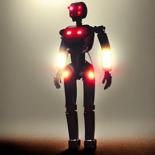 Prompt: a red humanoid robot, sci-fi concept art, photorealistic, leds, lens flare