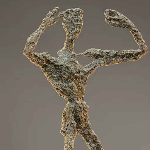 Image similar to high resolution photograph of a bronze cast stick figure sculpture in a roundabout in the style of giacometti