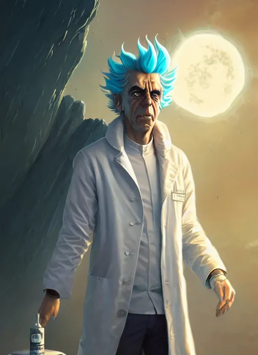 Image similar to rick sanchez portrait wearing a white lab coat. highly detailed. digital painting. smooth. alien planet background. art by greg rutkowski