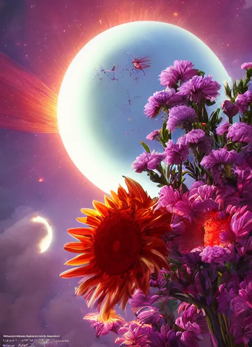 Image similar to An epic fantastic realism comic book style painting of the most beautiful flowers launched into space, bouquets, solar eclipse, fisheye, unreal 5, DAZ, hyperrealistic, octane render, dynamic lighting