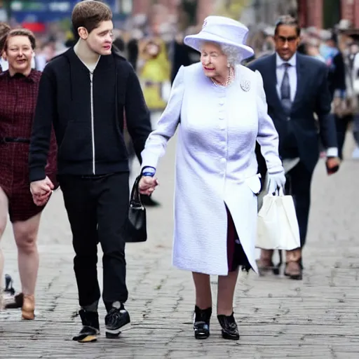 Prompt: pete davidson walking on the street, holding hands with queen elizabeth, candid photo