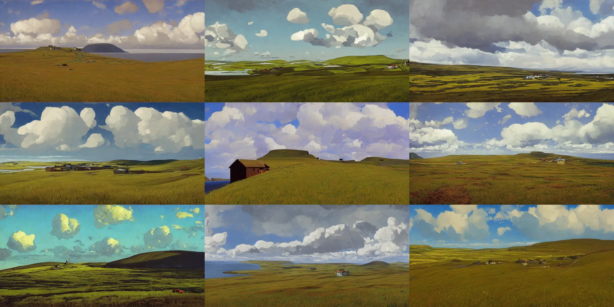 Prompt: painting in the style of Isaac Levitan, Savrasov, arkhip kuindzhi, T Allen Lawson and Ian Fisher and sidney richard percy, wide river and tiny house on the top of the hill, faroe, azores, coast, road to the sea, first grass scenery, dream heavenly cloudy sky, horzon, hurricane stromy clouds, roads among fields, Alpes, small village, forests and low mountains at sunset sunrise, volumetric lighting, very beautiful scenery, pastel colors, ultra view angle view